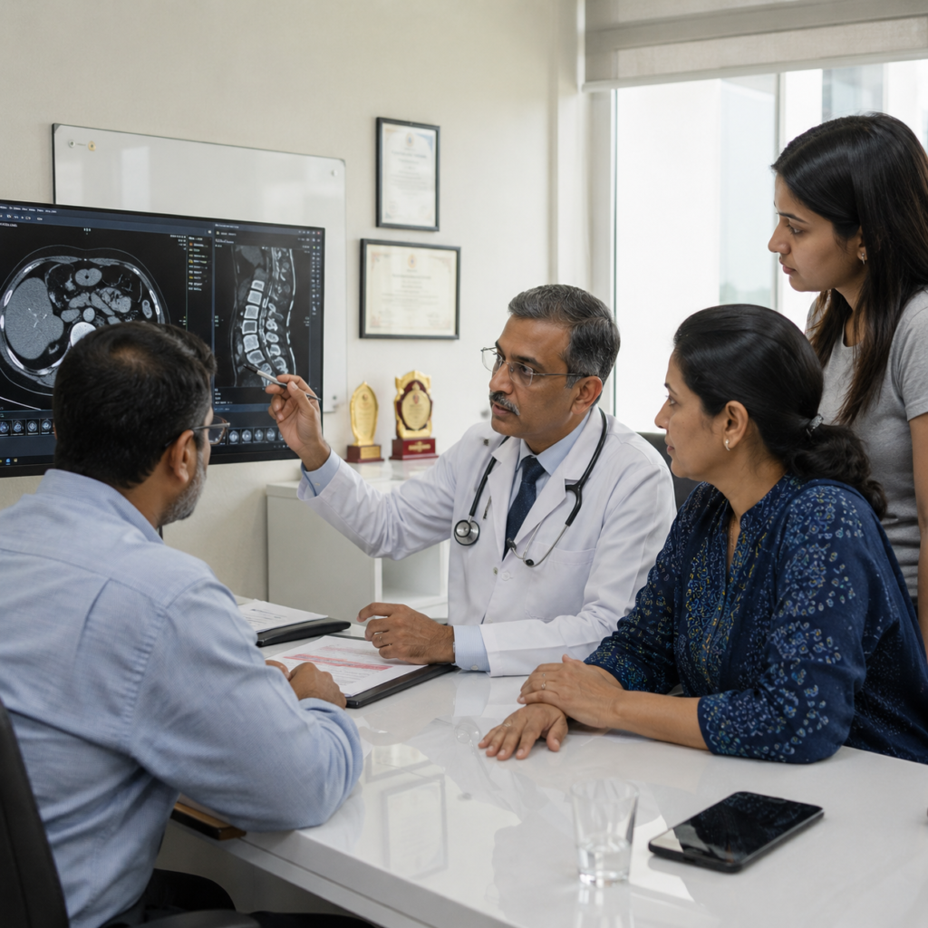 Hospital marketing strategy India showing a patient comparing fact-based hospital information with generic healthcare ads mednovera 