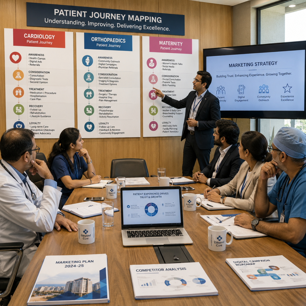 Hospital marketing strategy India with a specialist doctor explaining diagnosis and treatment options to a patient mednovera