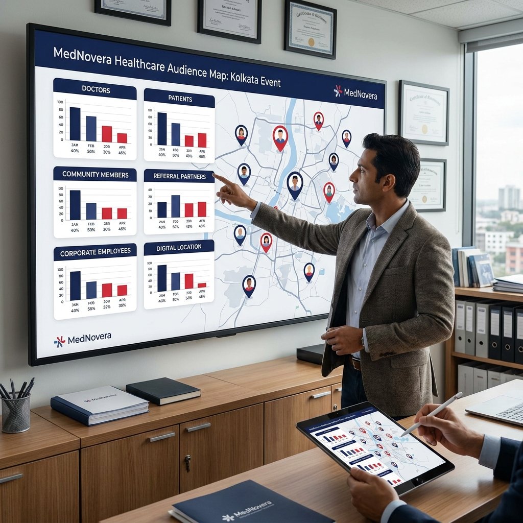 Healthcare event growth system by MedNovera in Kolkata showing event promotion, attendance, follow-up and revenue impact dashboard.