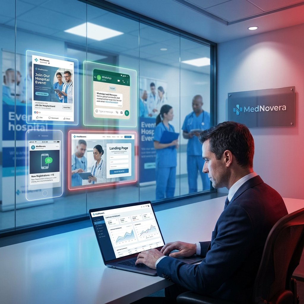 Healthcare event growth system by MedNovera in Kolkata showing event promotion, attendance, follow-up and revenue impact dashboard.