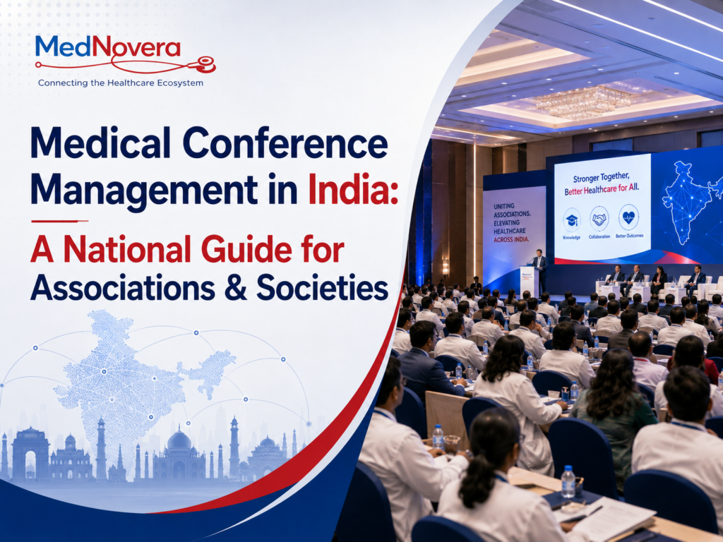 MedNovera India medical conference management service showing professional healthcare event planning, speaker coordination and audience engagement.