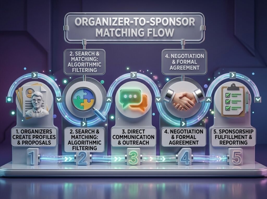 Online sponsor discovery for events in Kolkata showing corporate funding, sponsorship proposal and event partnership planning.